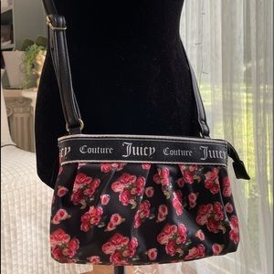 Juicy Couture Crossbody Purse Black with Red & Pink Flowers Preowned